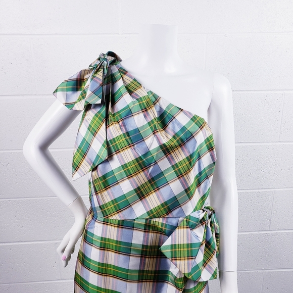 J Crew One Shoulder Sheath Dress Bow Faux Wrap Green Plaid Silk Blend Size 14 - Picture 5 of 11
